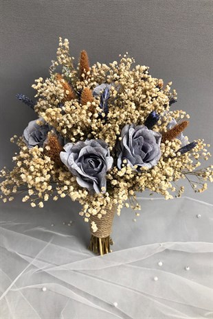 Gri Mavi Gelin Buketi ve Damat Yaka Çiçeği