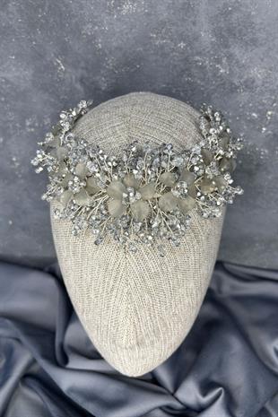 Gri Nileda Kristal Boncuklu Gelin Kına Tacı Saç Aksesuarı