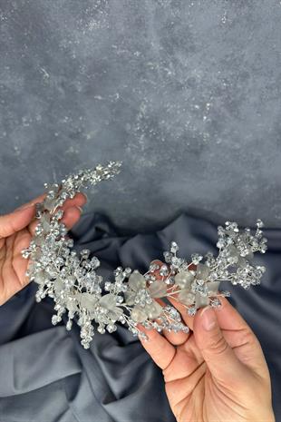 Gri Nileda Kristal Boncuklu Gelin Kına Tacı Saç Aksesuarı