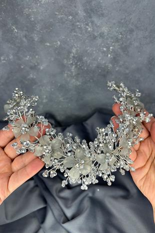 Gri Nileda Kristal Boncuklu Gelin Kına Tacı Saç Aksesuarı