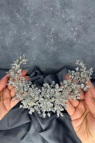 Gri Nileda Kristal Boncuklu Gelin Kına Tacı Saç Aksesuarı