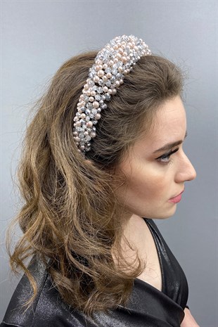 Gray Color Leal Convex Crystal and Pearls Bridal Hair Accessory