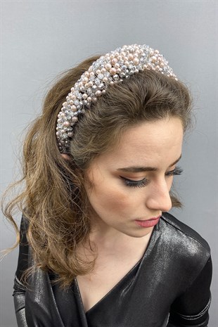 Gray Color Leal Convex Crystal and Pearls Bridal Hair Accessory
