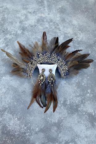 Gray Chandel Hairy Crystal Beaded Bridal Henna Tiara and Earring