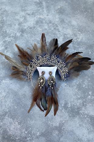 Gray Chandel Hairy Crystal Beaded Bridal Henna Tiara and Earring
