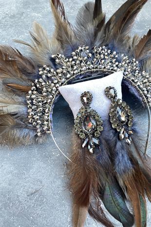 Gray Chandel Hairy Crystal Beaded Bridal Henna Tiara and Earring