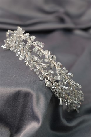 Gri Talya Çift Sıralı Boncuklu Gelin Kına Tacı