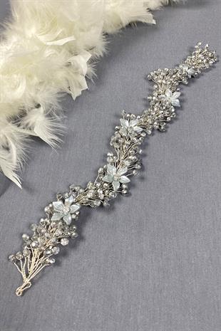 Gri Taşlı Çiçekli Kristal Boncuklu Gelin Saç Ve Türban Aksesuarı