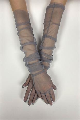 Gri Uzun Şık Gelin Eldiveni Tül Eldiven Nikah/Düğün/Parti Eldiveni