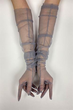 Gri Uzun Şık Gelin Eldiveni Tül Eldiven Nikah/Düğün/Parti Eldiveni