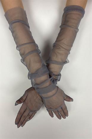 Gri Uzun Şık Gelin Eldiveni Tül Eldiven Nikah/Düğün/Parti Eldiveni