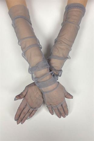 Gri Uzun Şık Gelin Eldiveni Tül Eldiven Nikah/Düğün/Parti Eldiveni