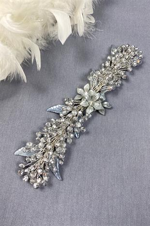 إكسسوار للحجاب وشعر الزفاف مطرز بأوراق الشجر باللون الرمادي والكريستال