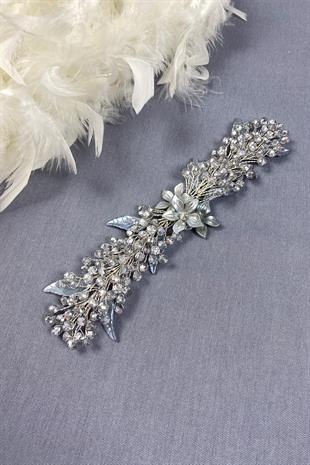 إكسسوار للحجاب وشعر الزفاف مطرز بأوراق الشجر باللون الرمادي والكريستال
