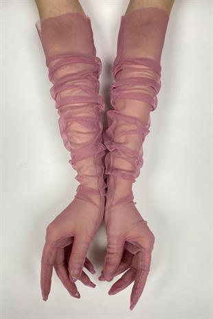 Gül Kurusu Uzun Şık Gelin Eldiveni Tül Eldiven Nikah/Düğün/Parti Eldiveni