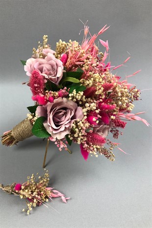 Gül Kurusu ve Pembe Kurutulmuş Çiçekli Gelin Buketi ve Yaka Çiçeği