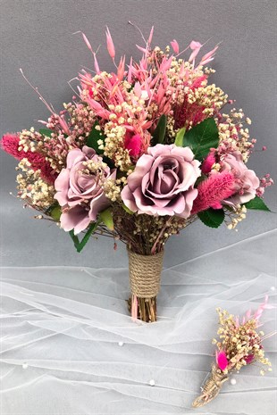 Gül Kurusu ve Pembe Kurutulmuş Çiçekli Gelin Buketi ve Yaka Çiçeği