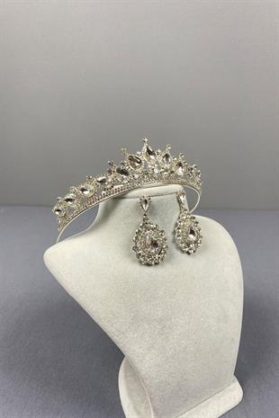 Gümüş Ade Gelin Tacı Ve Badem Taşlı Küpe Seti