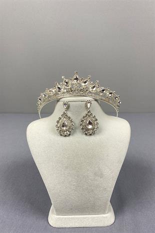 Gümüş Ade Gelin Tacı Ve Badem Taşlı Küpe Seti