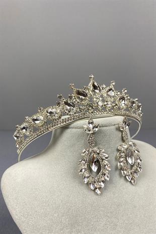 Gümüş Ade Gelin Tacı Ve Damla Küpe Seti