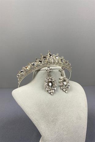 Gümüş Ade Gelin Tacı Ve Damla Küpe Seti