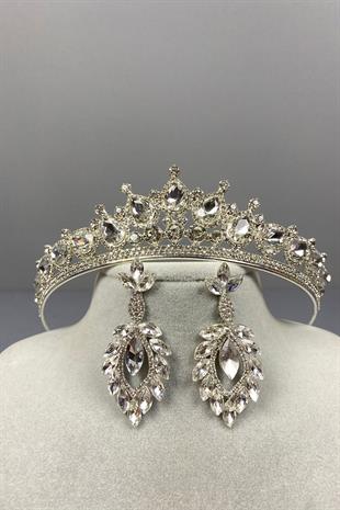 Gümüş Ade Gelin Tacı Ve Damla Küpe Seti