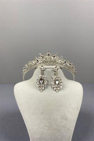 Gümüş Ade Gelin Tacı Ve Damla Küpe Seti