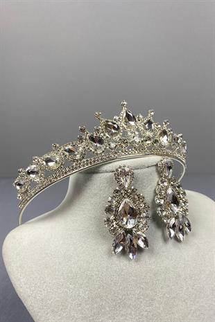 Gümüş Ade Gelin Tacı Ve Damla Mekik Küpe Seti