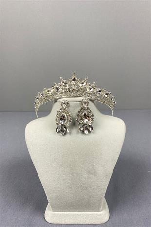 Gümüş Ade Gelin Tacı Ve Damla Mekik Küpe Seti