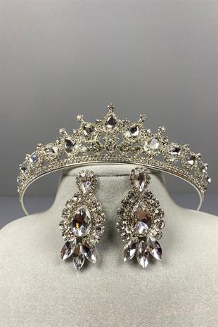 Gümüş Ade Gelin Tacı Ve Damla Mekik Küpe Seti