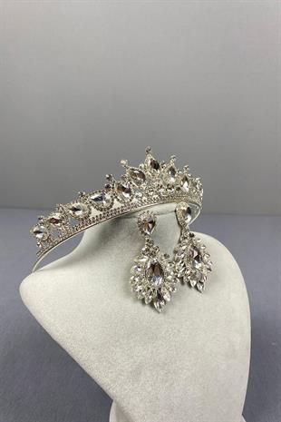 Gümüş Ade Gelin Tacı Ve Mekik Damla Taşlı Küpe