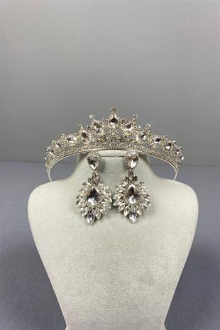 Gümüş Ade Gelin Tacı Ve Mekik Damla Taşlı Küpe