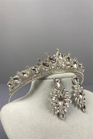 Silver Ade Bridal Crown and Shuttle Stone Earrings
