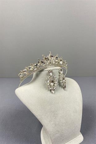 Silver Ade Bridal Crown and Shuttle Stone Earrings