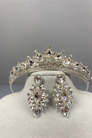 Silver Ade Bridal Crown and Shuttle Stone Earrings