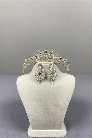 Silver Ade Bridal Crown and Shuttle Stone Earrings