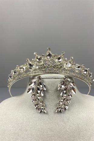 Gümüş Ade Gelin Tacı Ve Yaprak Taşlı Küpe Seti