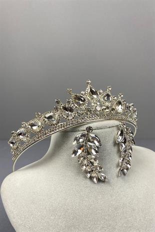 Gümüş Ade Gelin Tacı Ve Yaprak Taşlı Küpe Seti