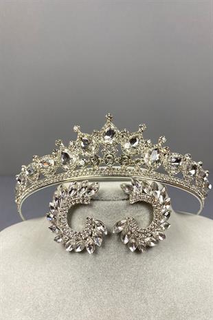 Gümüş Ade Gelin Tacı Ve Yuvarlak Taşlı Küpe Seti