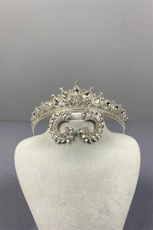 Gümüş Ade Gelin Tacı Ve Yuvarlak Taşlı Küpe Seti