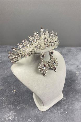 Sterling Silver Bridal Crown And Earring Set With Beads Embroidered