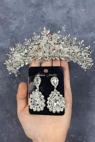 Silver Original Bead Embroidered Bridal Crown And Stone Earring Set