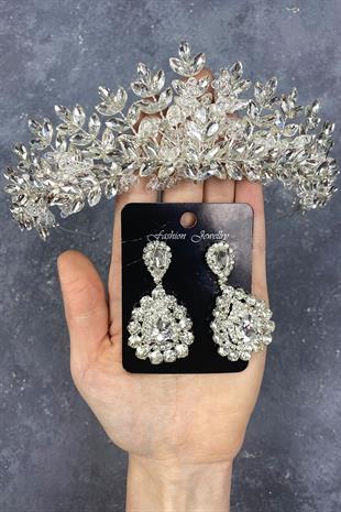 Silver Original Bead Embroidered Bridal Crown And Stone Earring Set