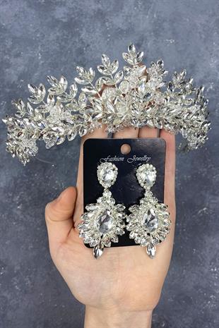 Sterling Silver Bridal Crown And Earring Set With Beads Embroidered