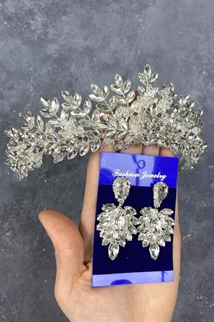 Silver Asleny Bead Embroidered Bridal Crown And Stud Earrings Set
