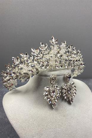 Silver Asleny Bead Embroidered Bridal Crown And Stud Earrings Set