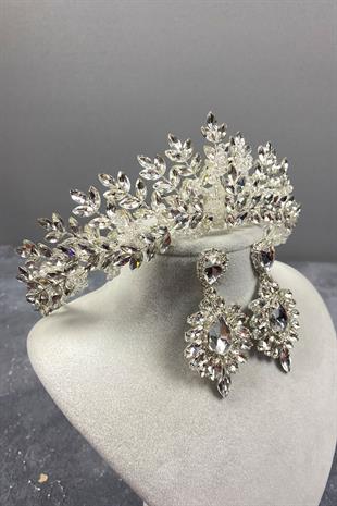 Sterling Silver Bridal Crown And Earring Set With Beads Embroidered