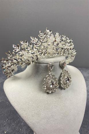 Silver Original Bead Embroidered Bridal Crown And Stone Earring Set