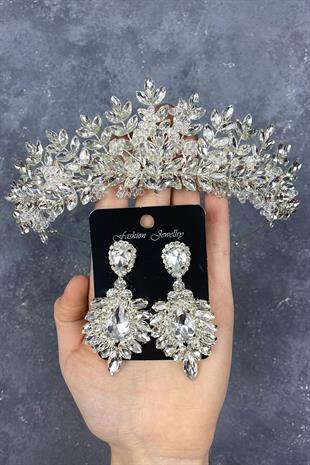 Sterling Silver Bridal Crown And Earring Set With Beads Embroidered