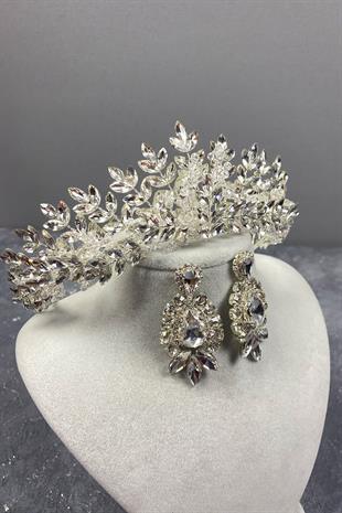 Silver Original Bead Embroidered Bridal Crown And Studded Earrings Set